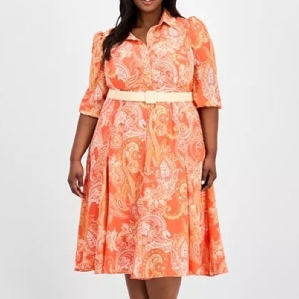 Tahari ASL Paisley Belted Fit & Flare Button Up Shirt Dress Womens Size 14W NWT